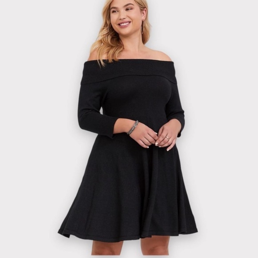 TORRID BLACK SHIMMER OFF THE SHOULDER SWEATER DRESS NEW WITH TAGS size 1